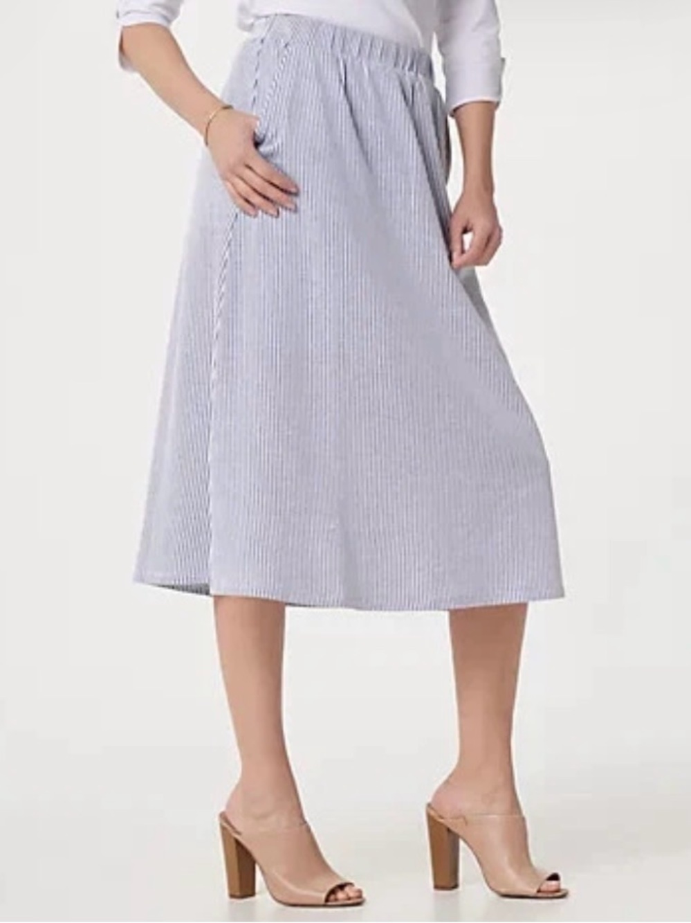 Denim & Co Women's size XL gray and White Pinstripe Midi Skirt